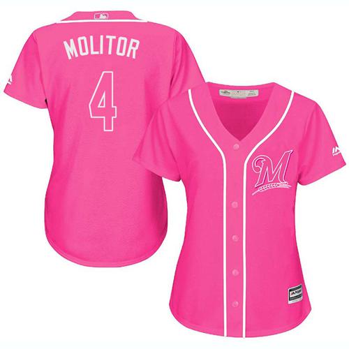 Brewers #4 Paul Molitor Pink Fashion Women's Stitched MLB Jersey